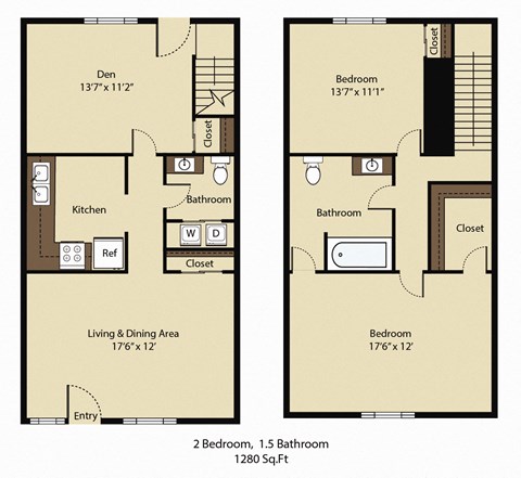 Floor plan for 2 beds, 1.5 baths, 1280 sqft